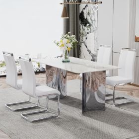 Modern minimalist dining table. Imitation marble glass sticker desktop, stainless steel legs