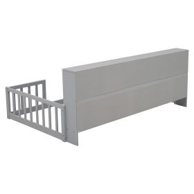 Twin Floor Bed with Bedside Bookcase,Shelves,Guardrails,Grey