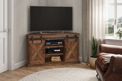 Bridgevine Home Farmhouse 56 inch Corner TV Stand for TVs up to 60 inches, No Assembly Required, Aged Whiskey Finish