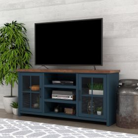 Bridgevine Home Nantucket 67 inch TV Stand Console for TVs up to 80 inches, No Assembly Required, Blue Denim and Whiskey Finish