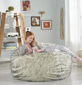 Negar 5 Foot Rounded Short Faux Fur Bean Bag, White and Gray