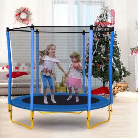 5.5FT Trampoline for Kids - 65" Outdoor & Indoor Mini Toddler Trampoline with Enclosure, Basketball Hoop and Ball Included (Color: as Pic)